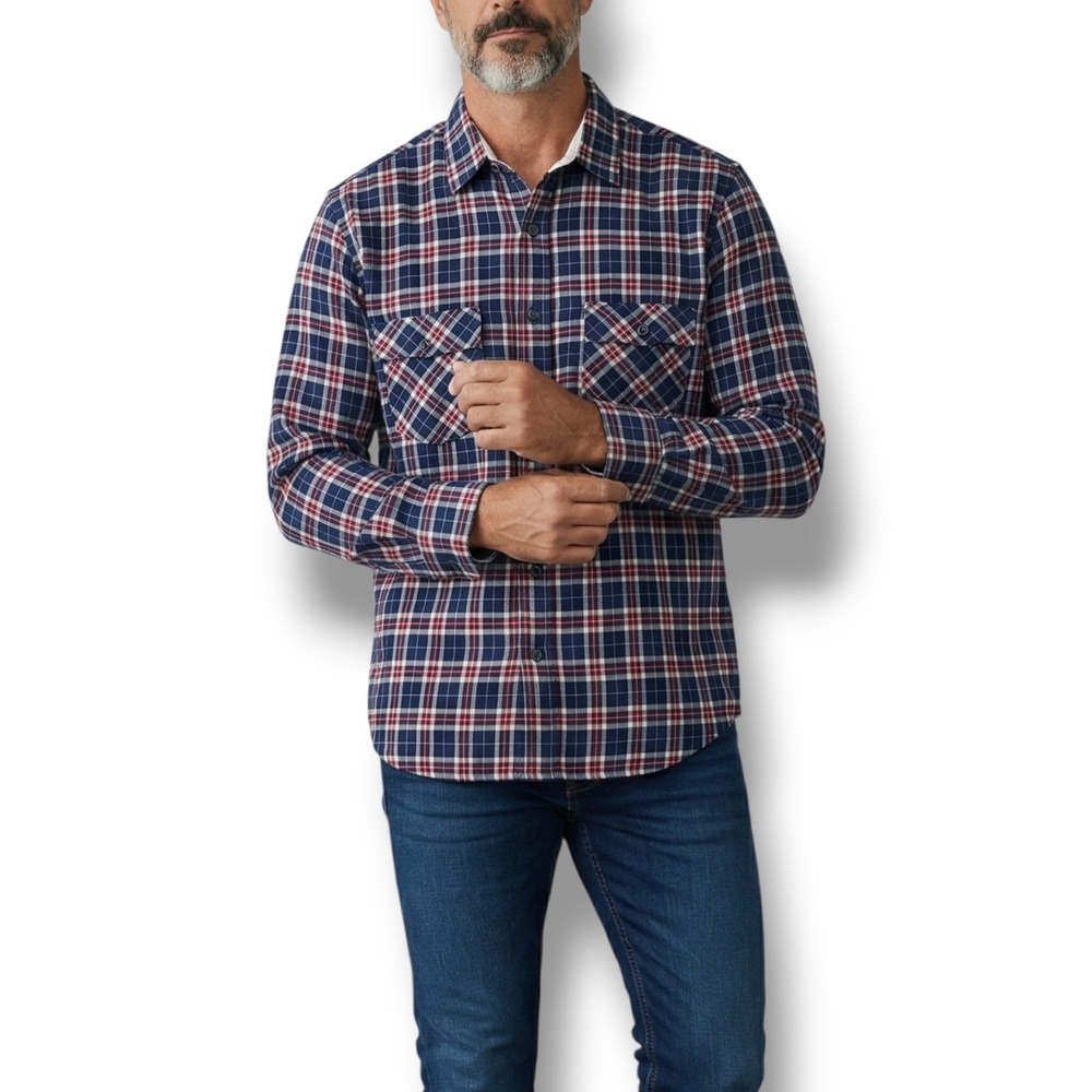 Shirts by AG Mens Medium Navy Blue Red Plaid Long Sleeve Button Down Work Shirt